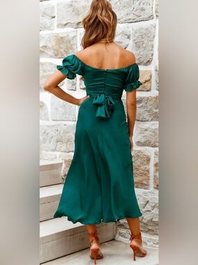 Off-Shoulder Emerald Green Midi Dress with Tie Back